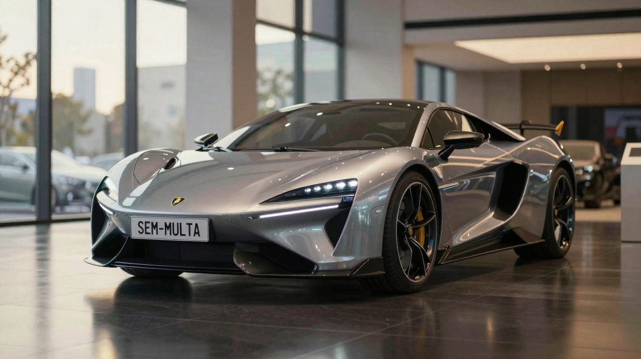 Carro desportivo cinzento brilhante com design aerodinâmico em salão de exposições moderno.