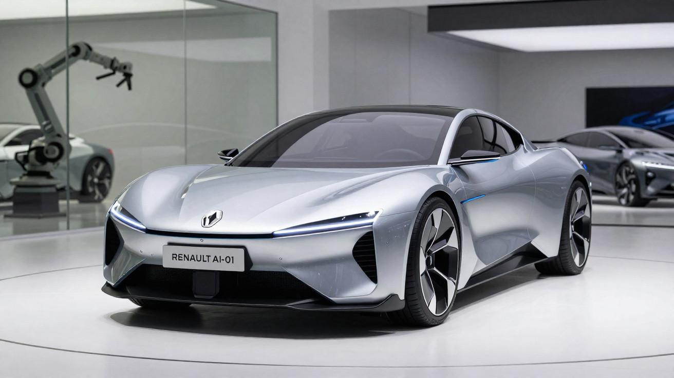 Carro desportivo eléctrico Renault AI-01 prata exposto num showroom moderno e minimalista.
