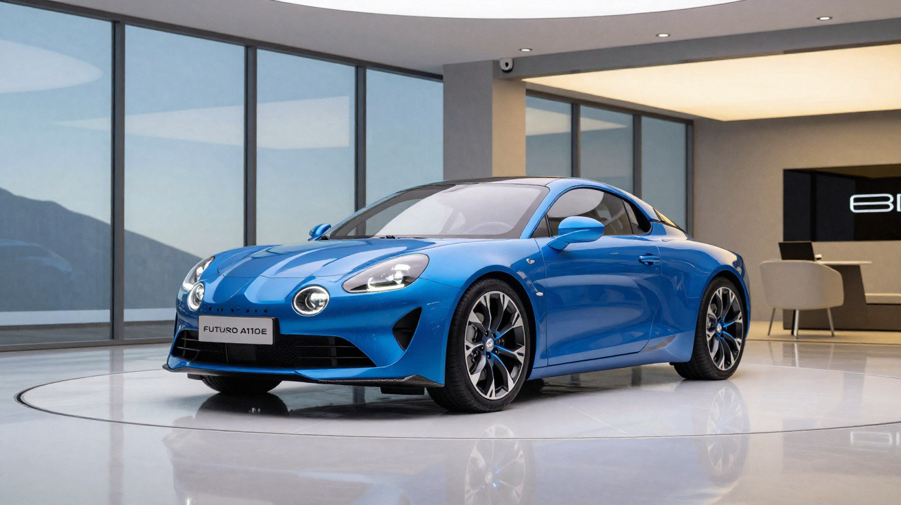 Carro desportivo azul Futuro A110E em exposição num espaço moderno com grandes janelas panorâmicas.