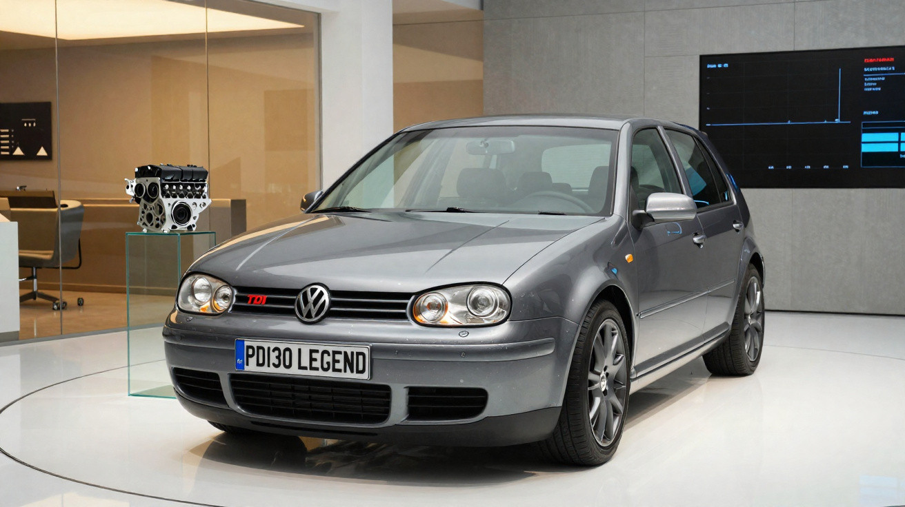 Carro Volkswagen Golf cinza estacionado em exposição interior moderna, com motor em vidro ao fundo.