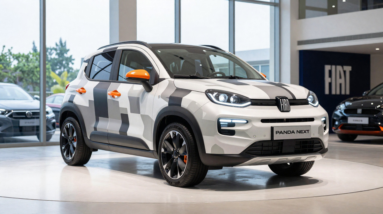 Fiat Panda Next camuflado branco e cinza com detalhes laranja, exposto numa concessionária moderna.