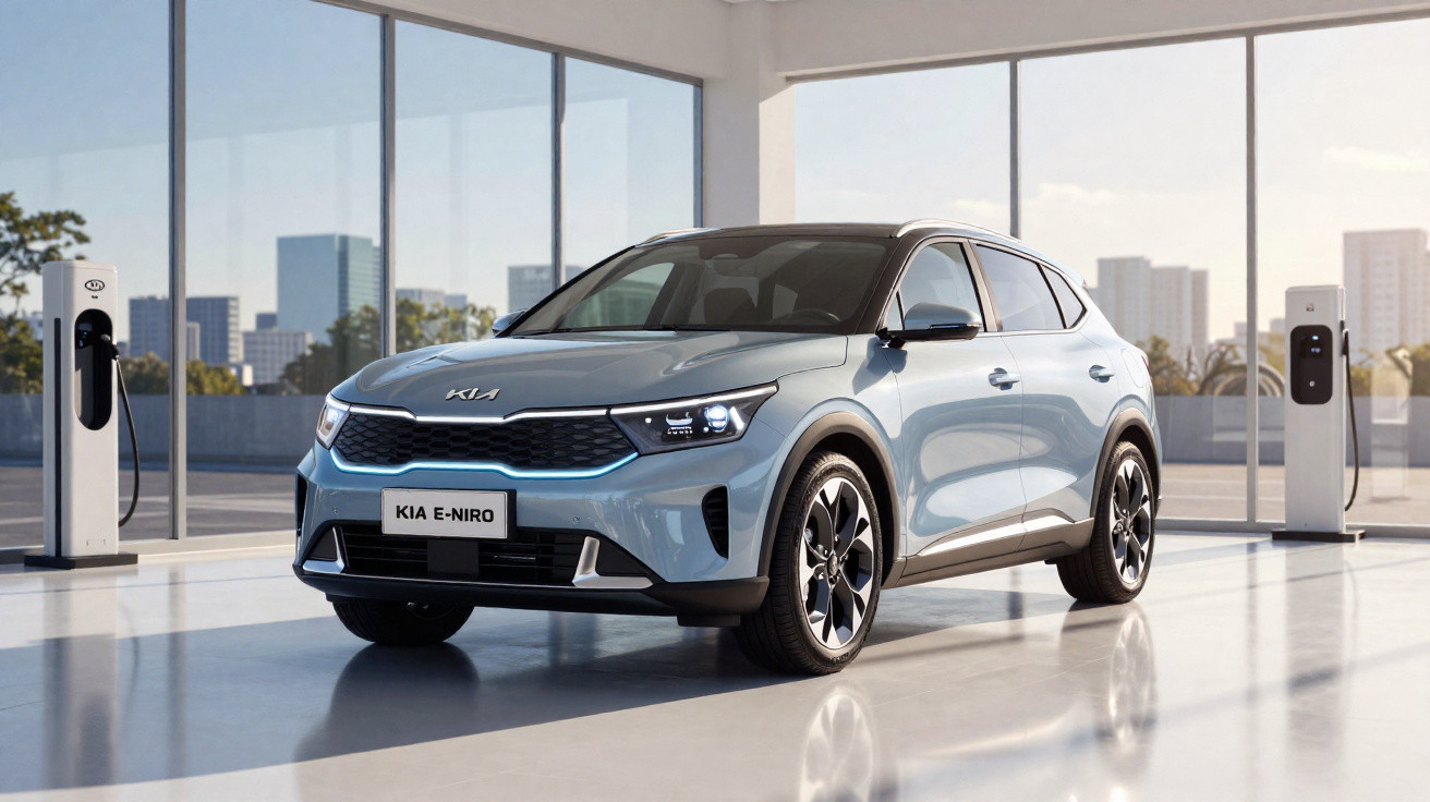 Carro elétrico cinzento Kia e-Niro estacionado numa garagem moderna com postos de carregamento.