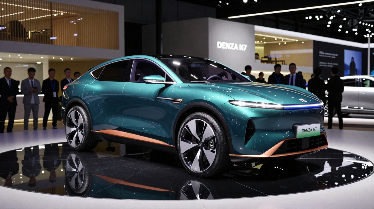 Carro elétrico verde Denza N7 exposto numa feira automóvel com pessoas ao fundo.