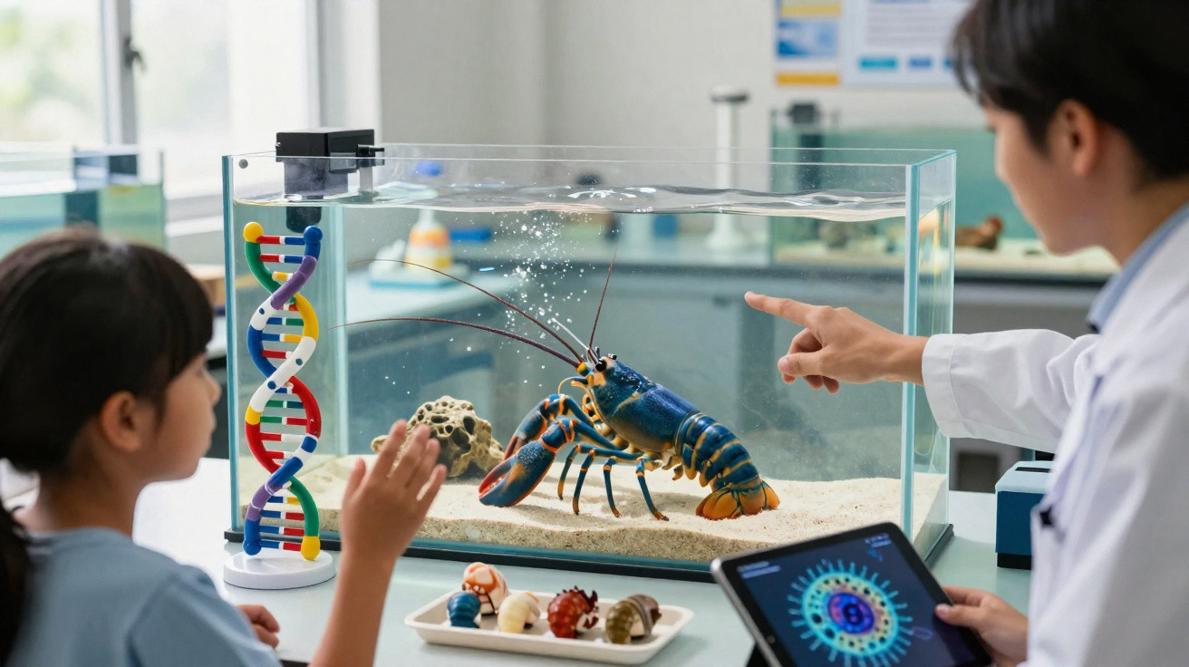 Criança e cientista observam lagosta azul num aquário, com DNA e tablet numa sala de laboratório.