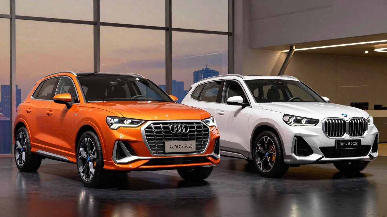 Dois SUVs estacionados em espaço interior moderno, Audi Q3 laranja e BMW X1 branco lado a lado.