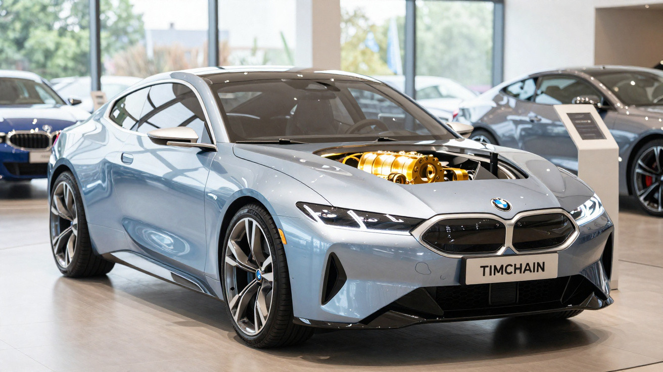 Carro BMW cinza prateado em exposição, com capô transparente revelando motor dourado brilhante.