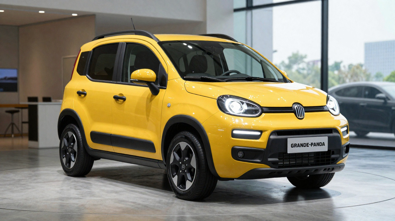 Carro Fiat Grande Panda amarelo estacionado em ambiente interior moderno, com janelas grandes ao fundo.