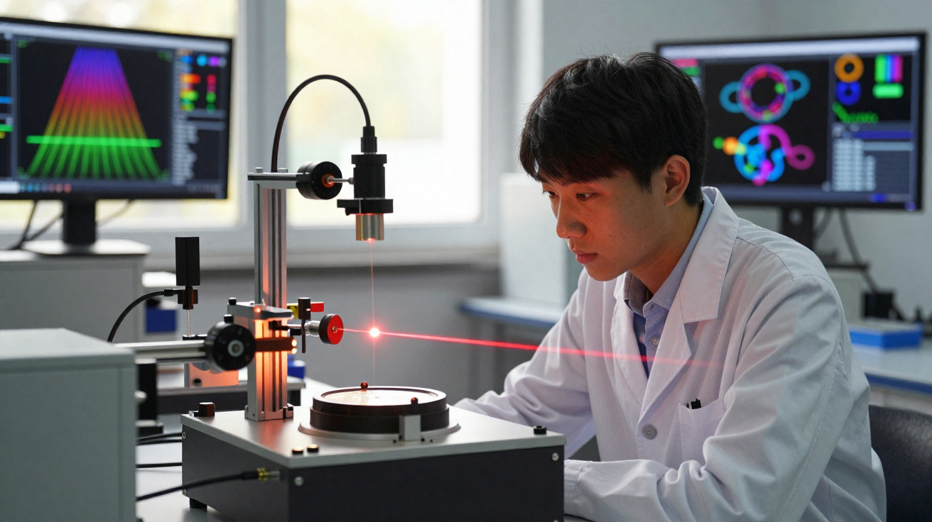 Homem em roupa de laboratório a trabalhar com equipamento ótico e laser num laboratório moderno.