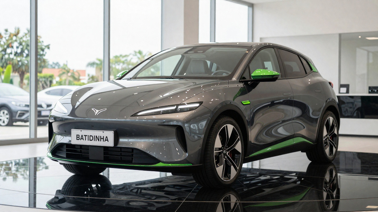 Carro elétrico cinza com detalhes verdes exposto em showroom moderno com piso espelhado.