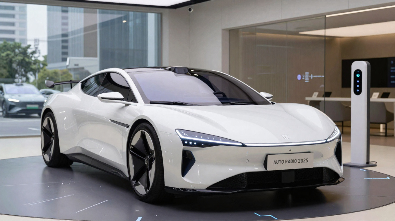 Carro desportivo elétrico branco em exibição numa sala moderna com carregador ao lado.