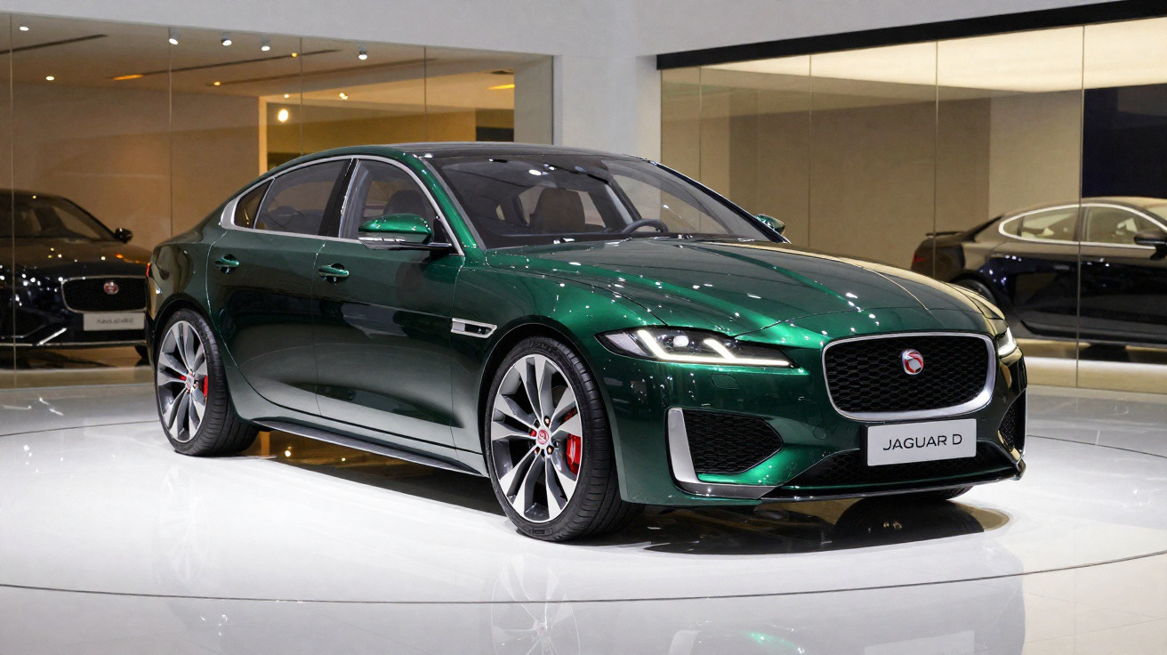 Carro Jaguar D verde metálico exibido numa sala moderna com chão branco e espelhos nas paredes.