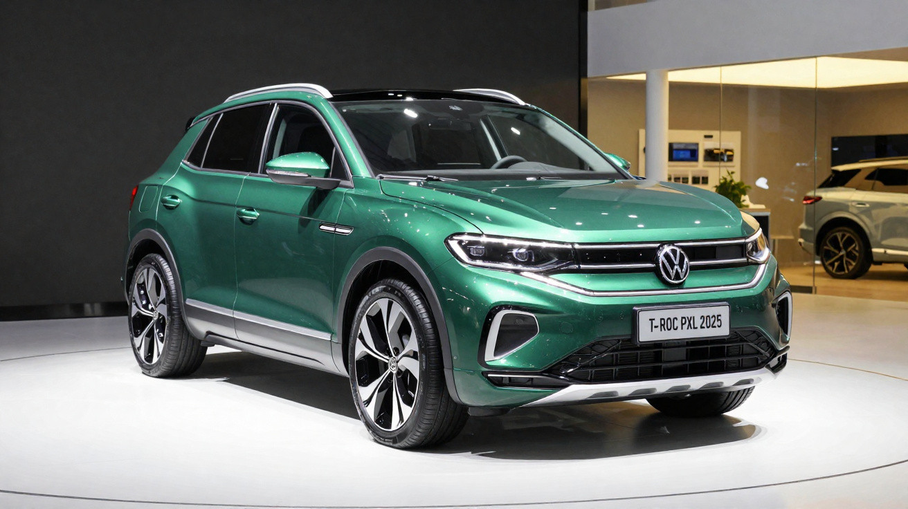 Carro SUV Volkswagen T-Roc PXL 2025 verde exposto em salão de automóveis com iluminação branca.
