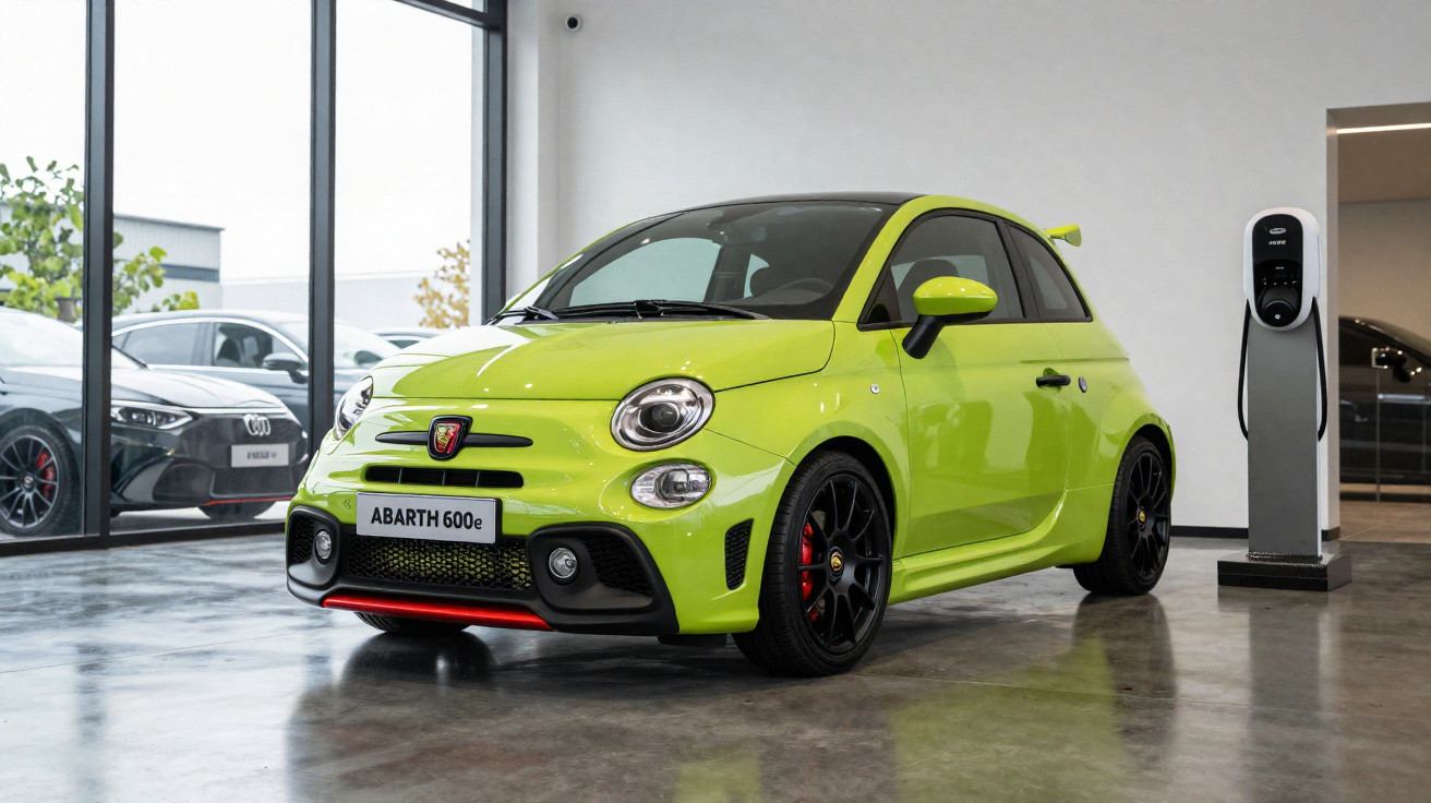 Carro desportivo verde Abarth 600e estacionado dentro de uma garagem junto a um posto de carregamento elétrico.
