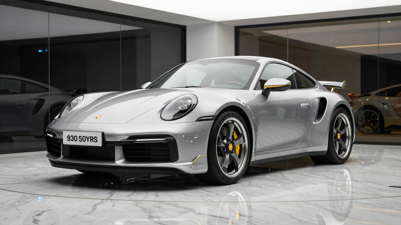 Carro desportivo Porsche 911 Prata estacionado num showroom com piso de mármore.