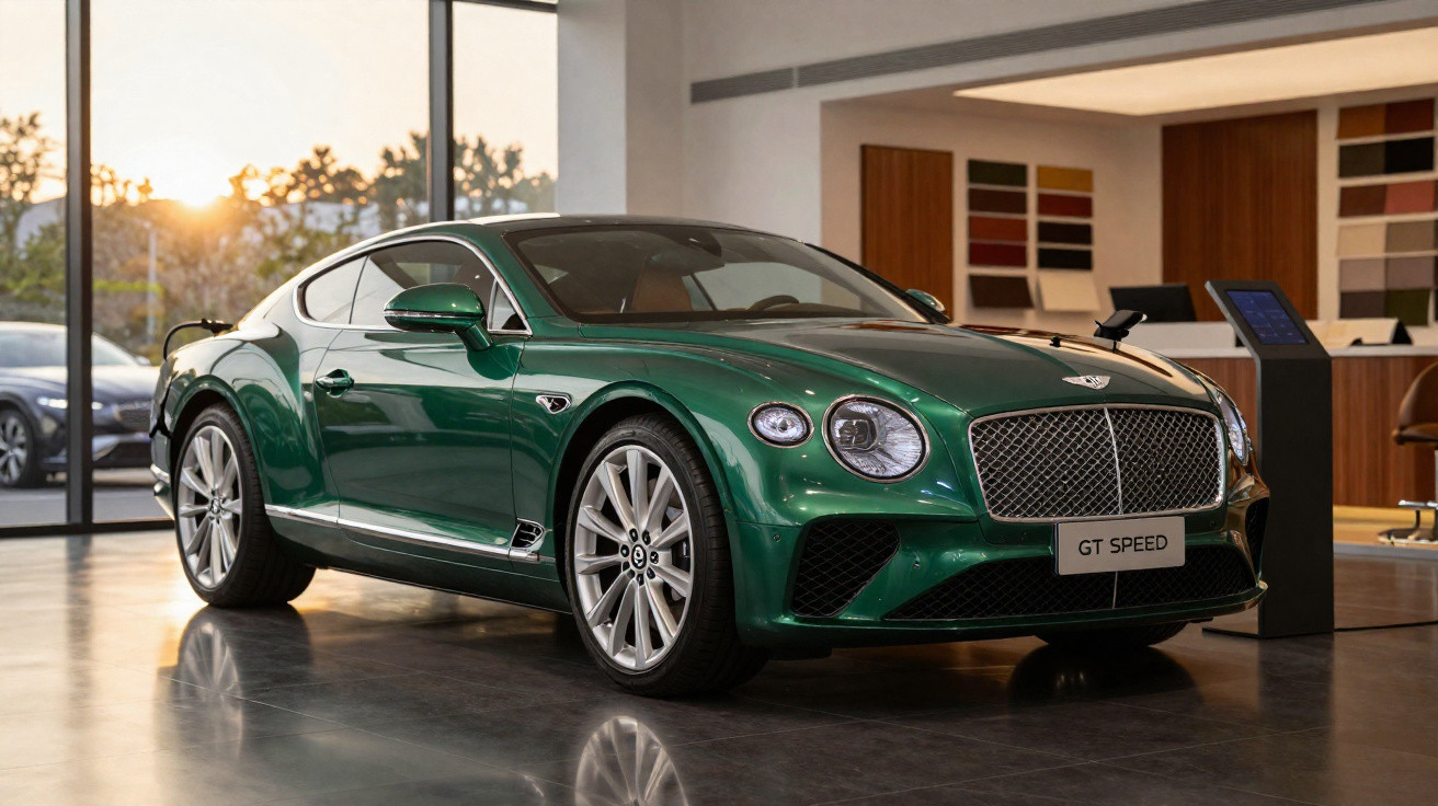 Carro Bentley GT Speed verde estacionado numa sala moderna com grandes janelas e luz natural.