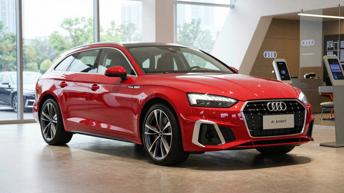 Carro Audi A4 Avant vermelho exposto numa loja com janelas grandes e ambiente moderno.