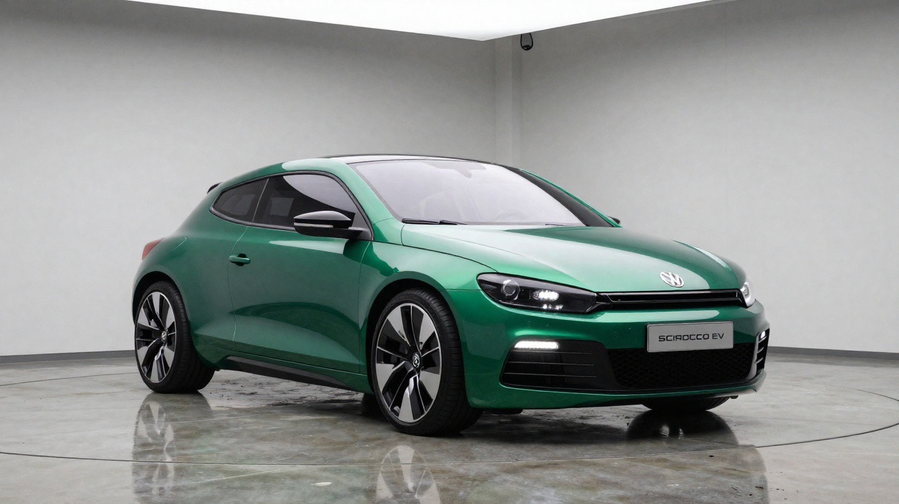 Carro desportivo Volkswagen Scirocco EV verde, estacionado em chão polido numa sala branca minimalista.