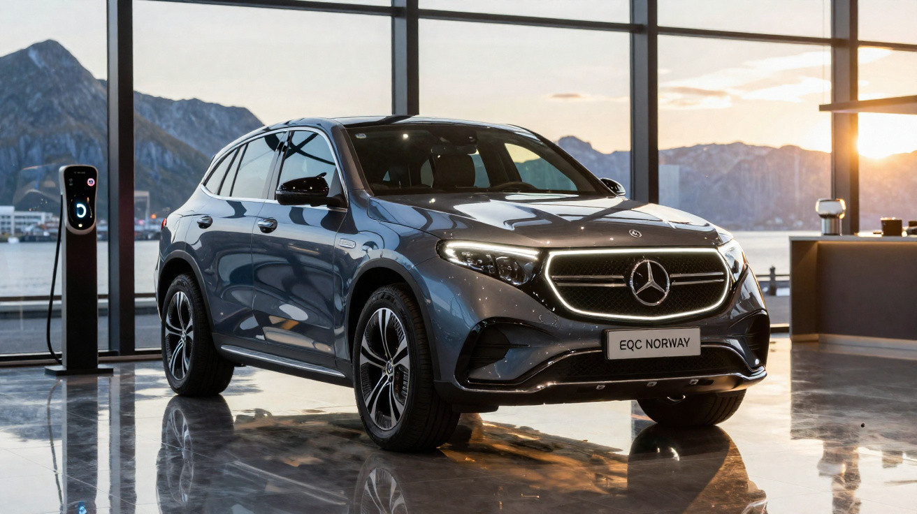 Carro elétrico Mercedes EQC cinza estacionado em showroom com vista para montanhas ao pôr do sol.