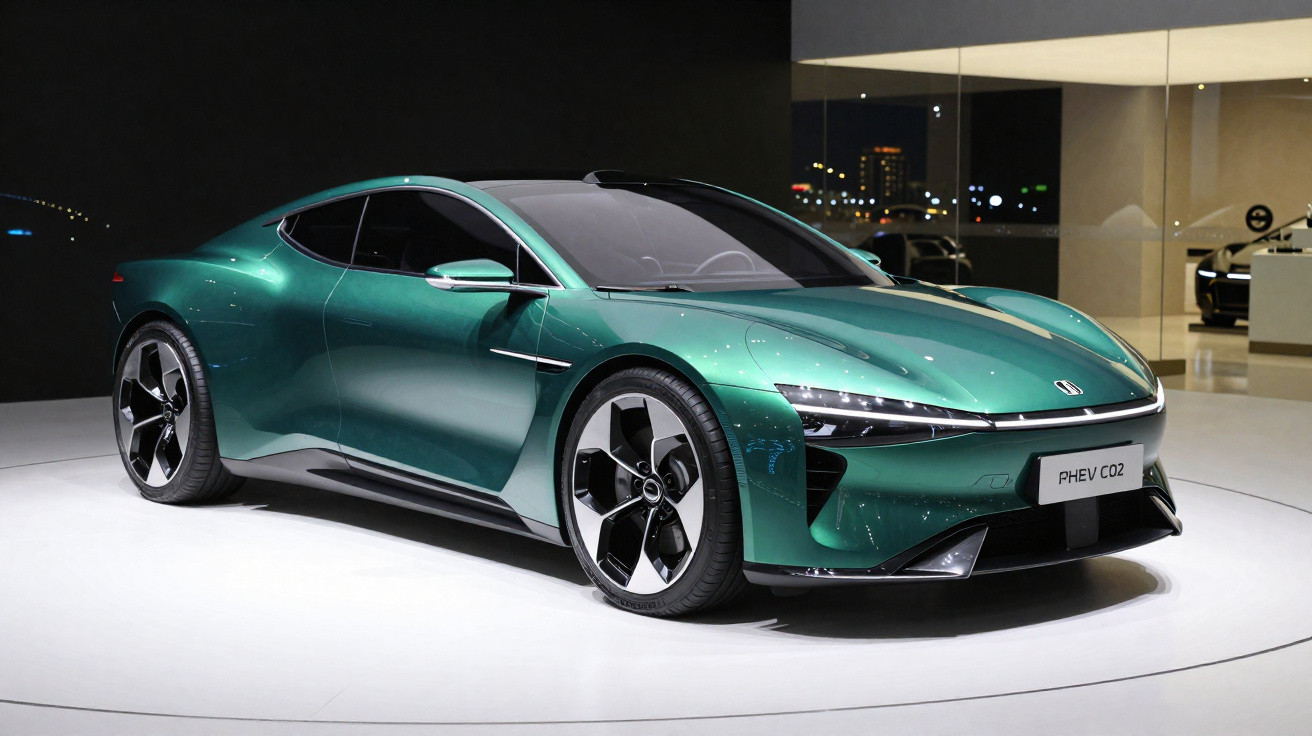 Carro desportivo elétrico verde metálico em exposição numa plataforma branca com fundo escuro.