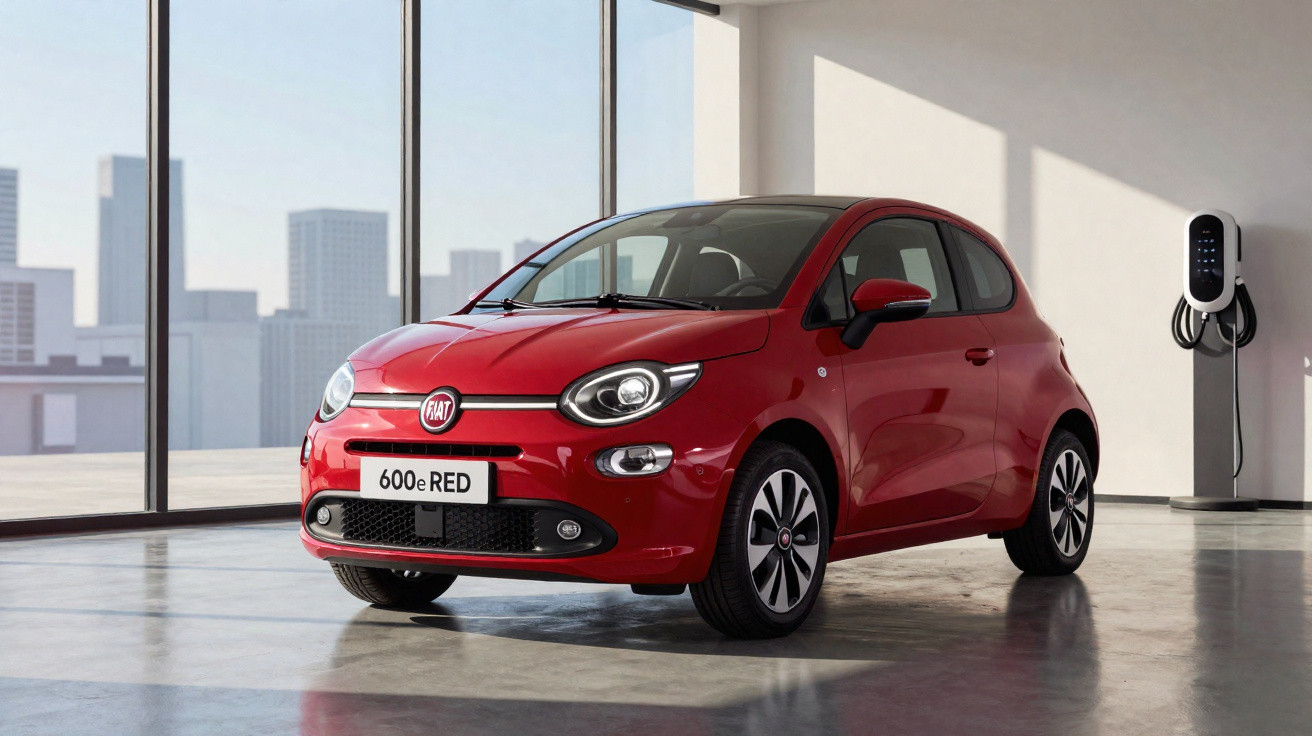 Carro elétrico vermelho Fiat 600e RED estacionado numa garagem moderna com posto de carregamento.