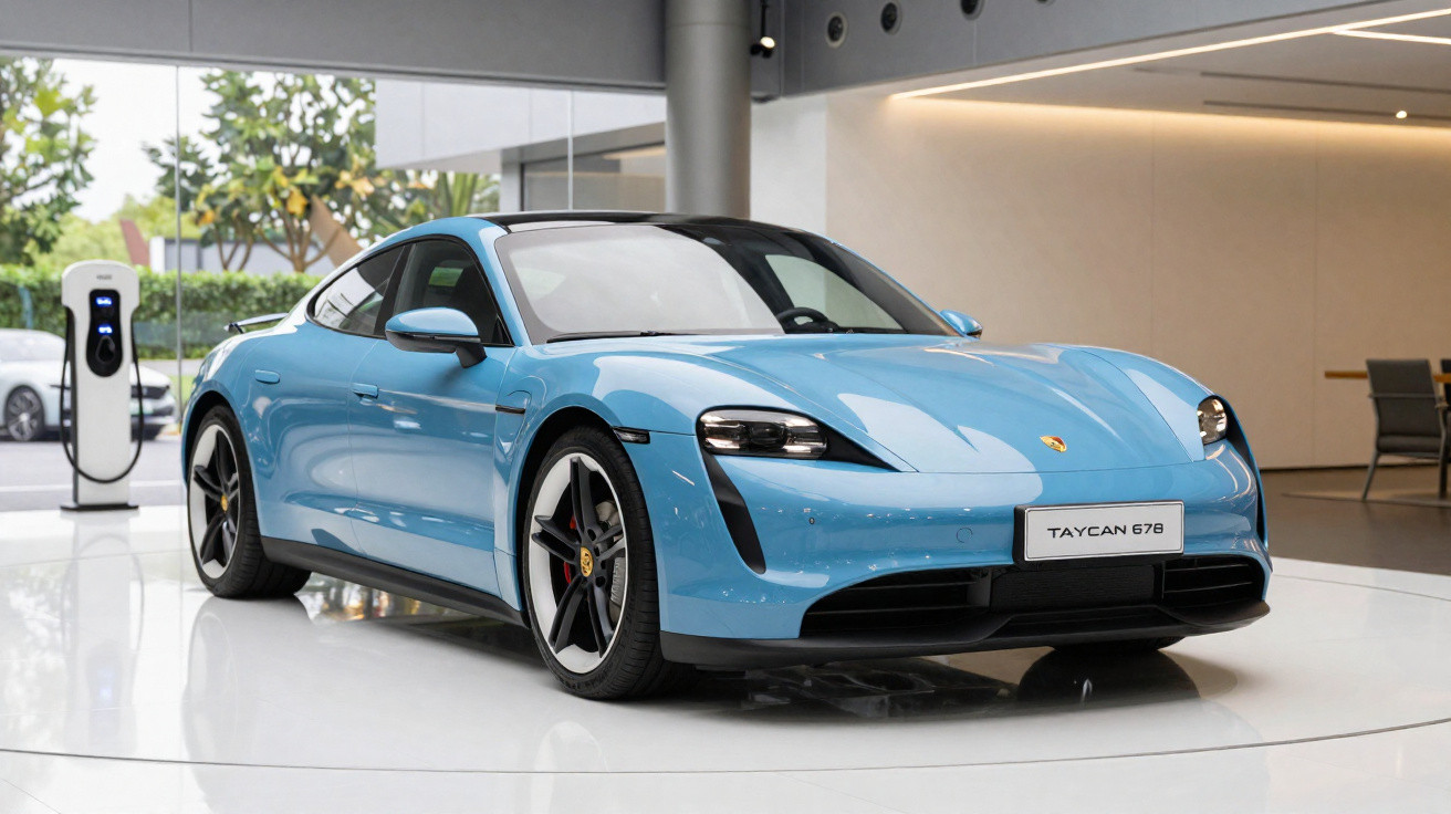 Carro desportivo elétrico Porsche Taycan azul estacionado em showroom moderno com posto de carregamento ao fundo.