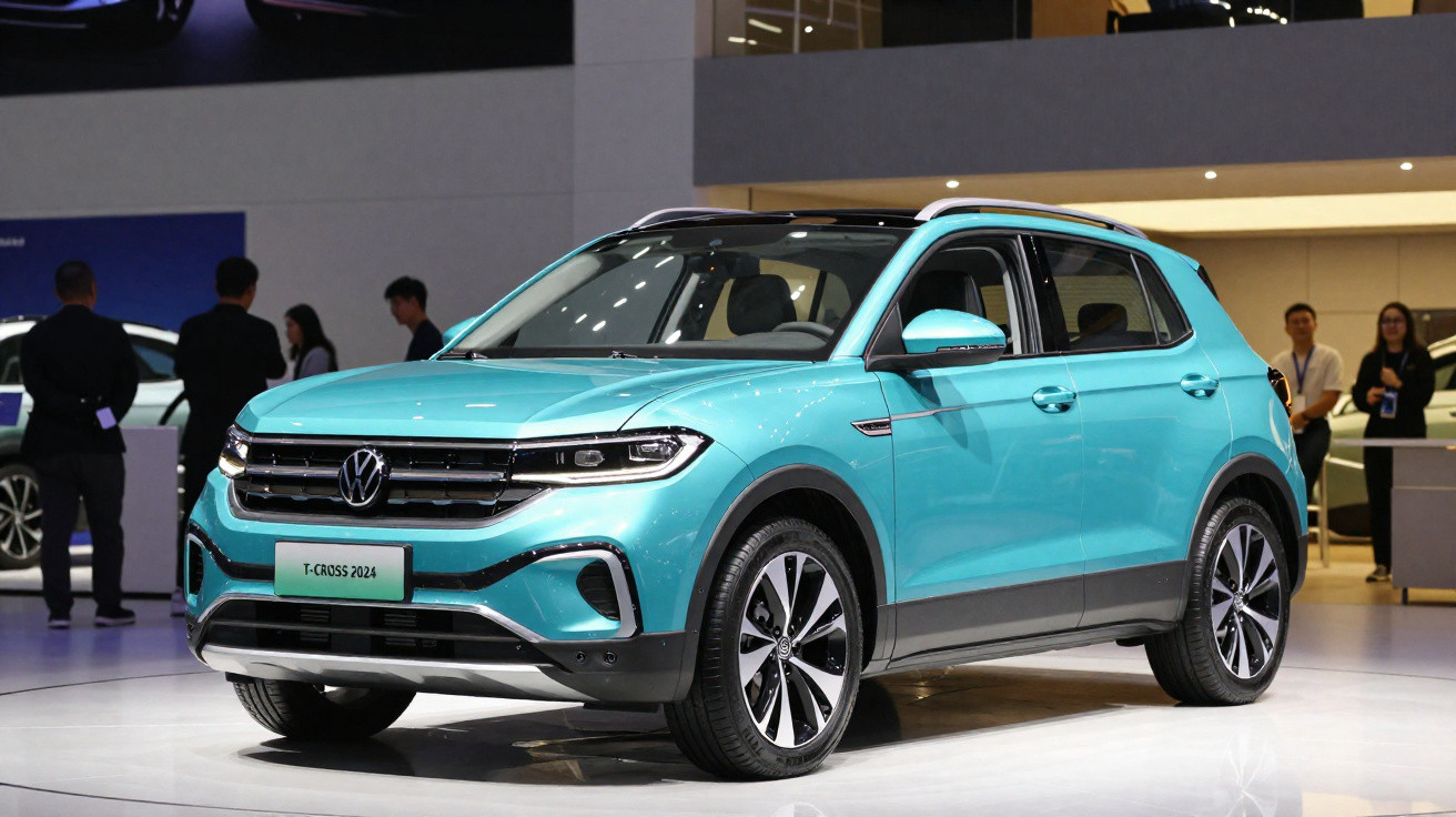 Volkswagen T-Cross 2024 azul exposto em feira de automóveis com pessoas ao fundo.