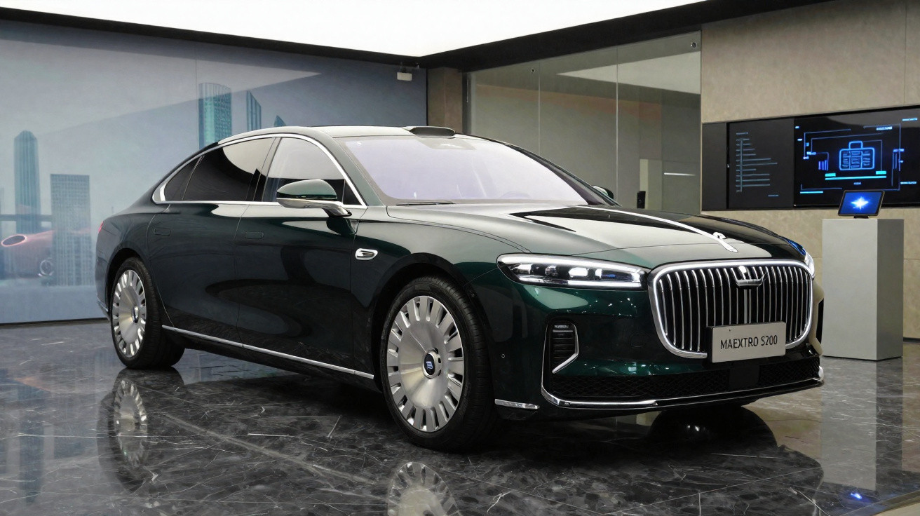 Carro elétrico de luxo preto estacionado em showroom moderno com chão em mármore refletivo.