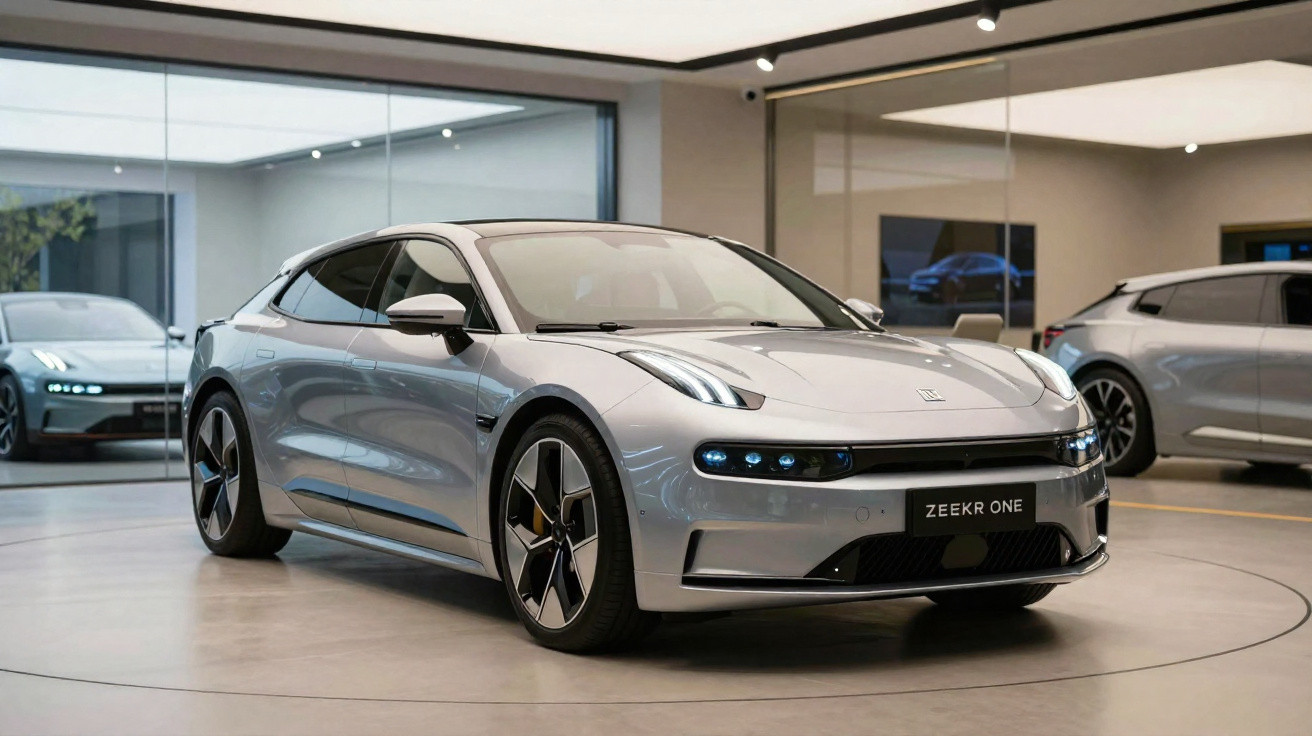 Carro elétrico cinzento ZEEKR ONE em exposição numa loja moderna com grandes janelas e iluminação interior.