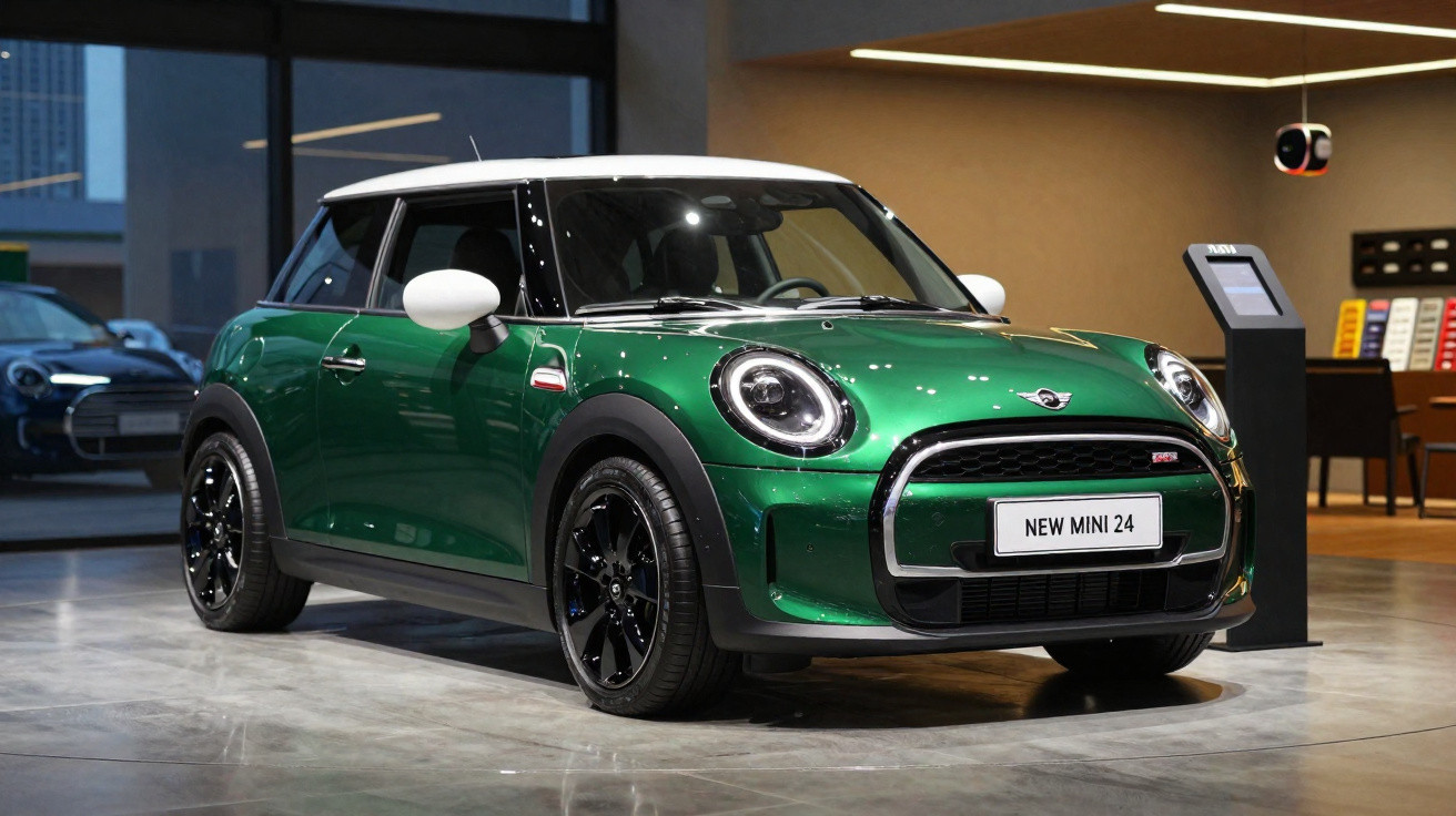 Carro Mini Cooper verde com tejadilho branco exibido em salão moderno e iluminado.