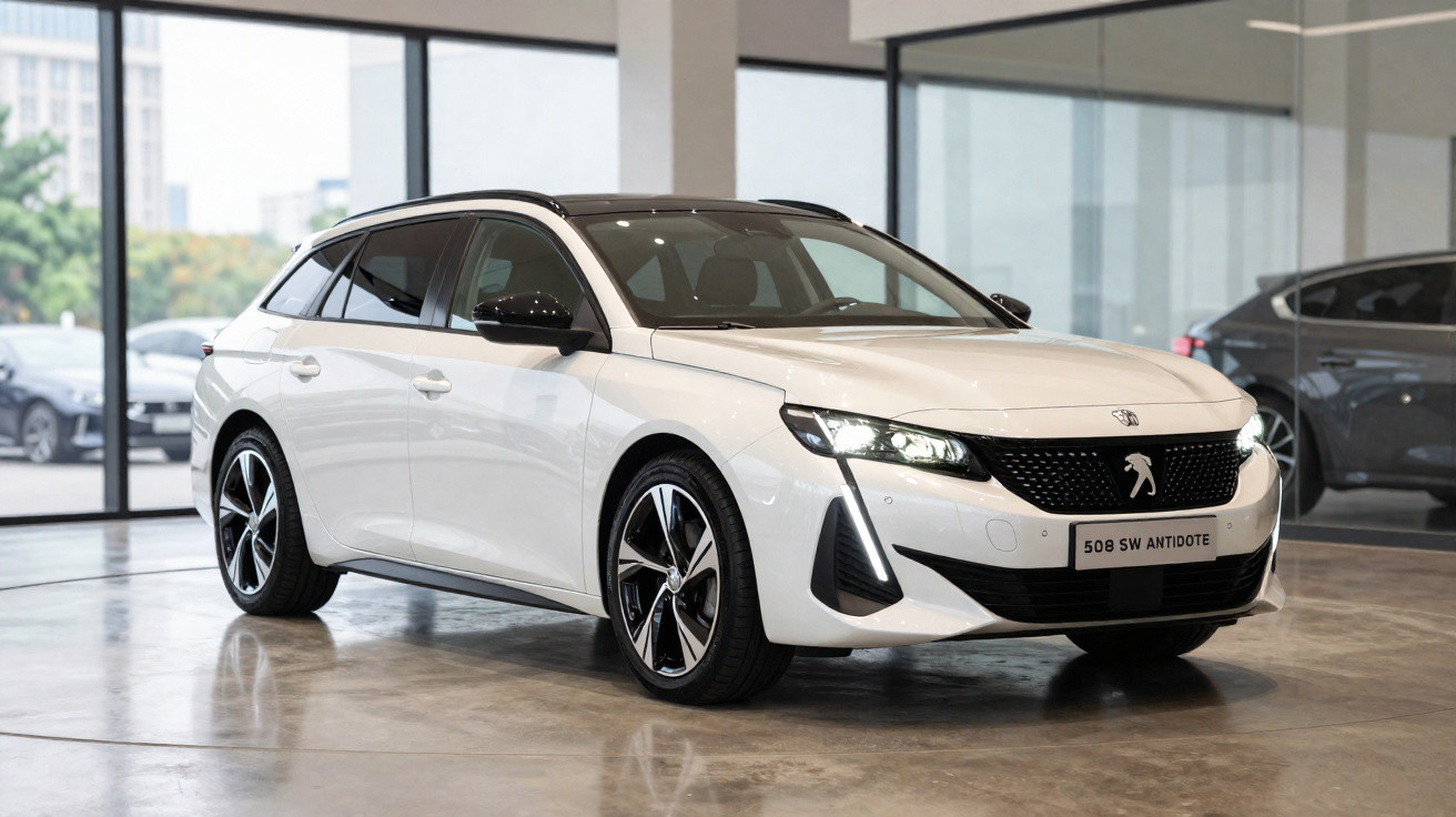 Peugeot 508 SW branco estacionado em showroom moderno com janelas grandes e luz natural.