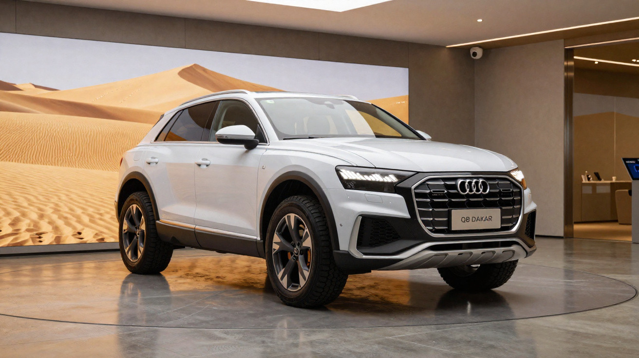 Audi Q8 Dakar branco exposto em espaço interior com imagem de dunas ao fundo.