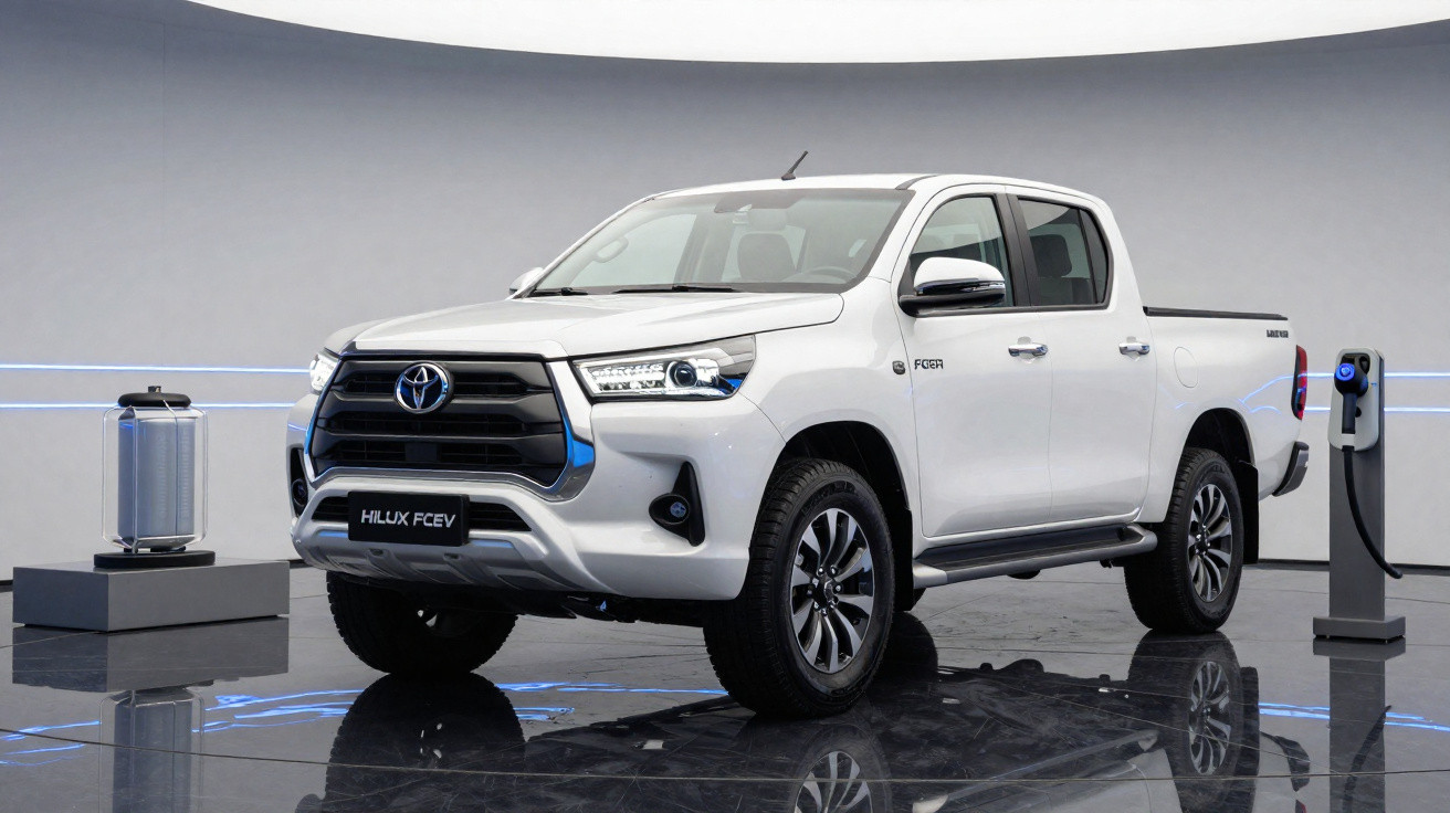 Camião Toyota Hilux FCEV branco estacionado numa sala moderna com carregador elétrico ligado.