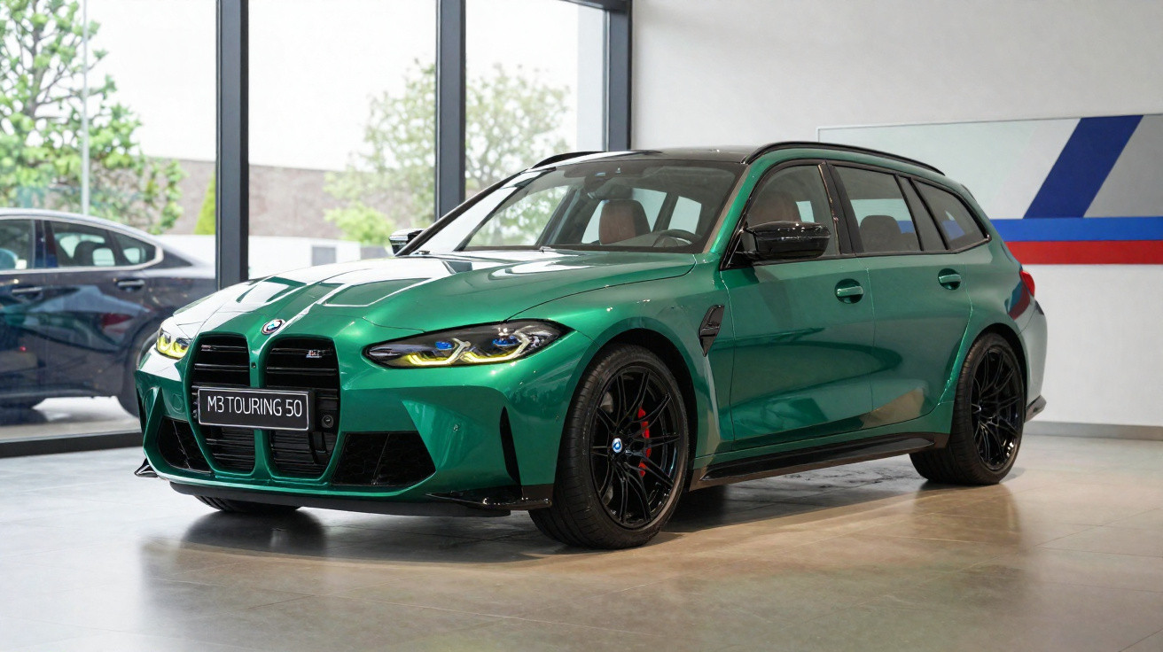 BMW M3 Touring verde metálico, carrinha desportiva exposta em interior moderno com janelas grandes.