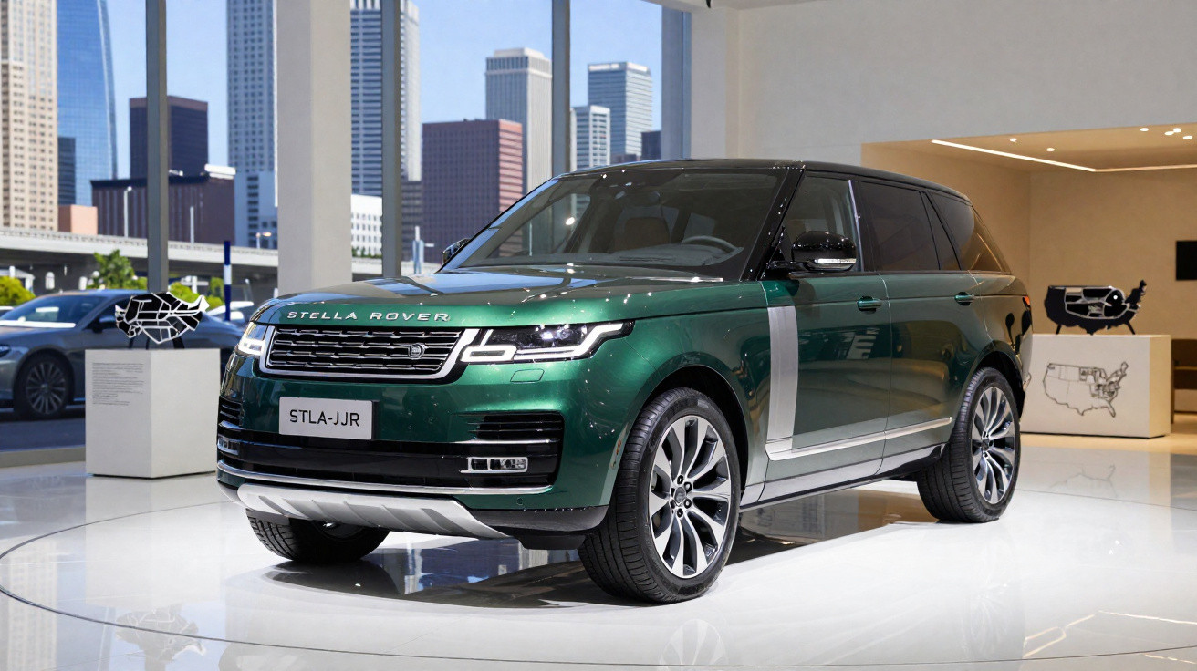 SUV verde metálico Stella Rover exibido em showroom com skyline da cidade ao fundo.