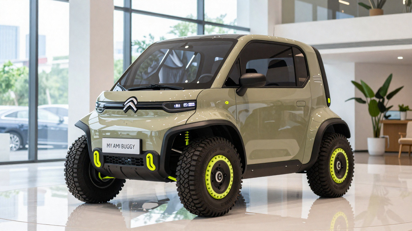 Carro eléctrico Citroën My Ami Buggy com pneus todo-o-terreno exposto em interior moderno.