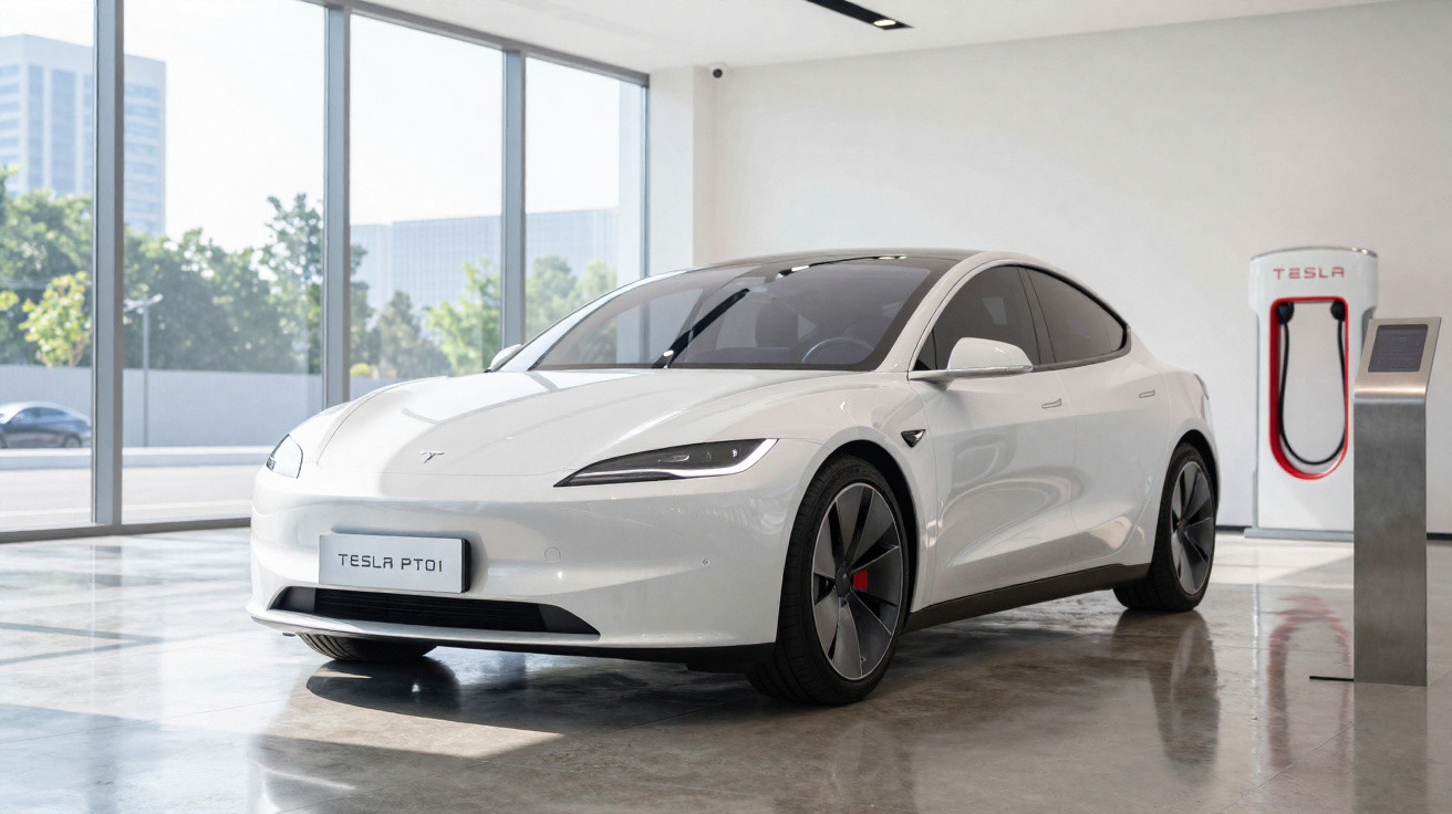 Carro elétrico branco Tesla estacionado numa sala moderna com carregador elétrico ao lado.