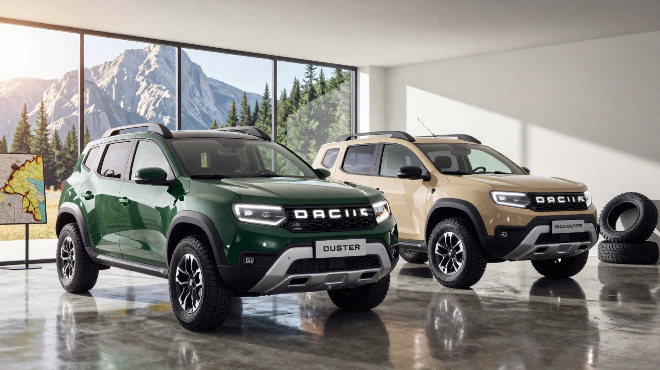 Dois carros Dacia Duster, um verde e outro bege, estacionados numa garagem com vista para montanhas.
