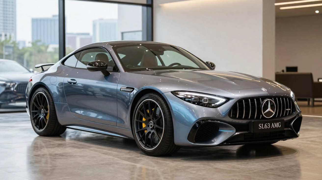 Carro desportivo Mercedes-Benz SL63 AMG cinzento, estacionado dentro de um showroom moderno.