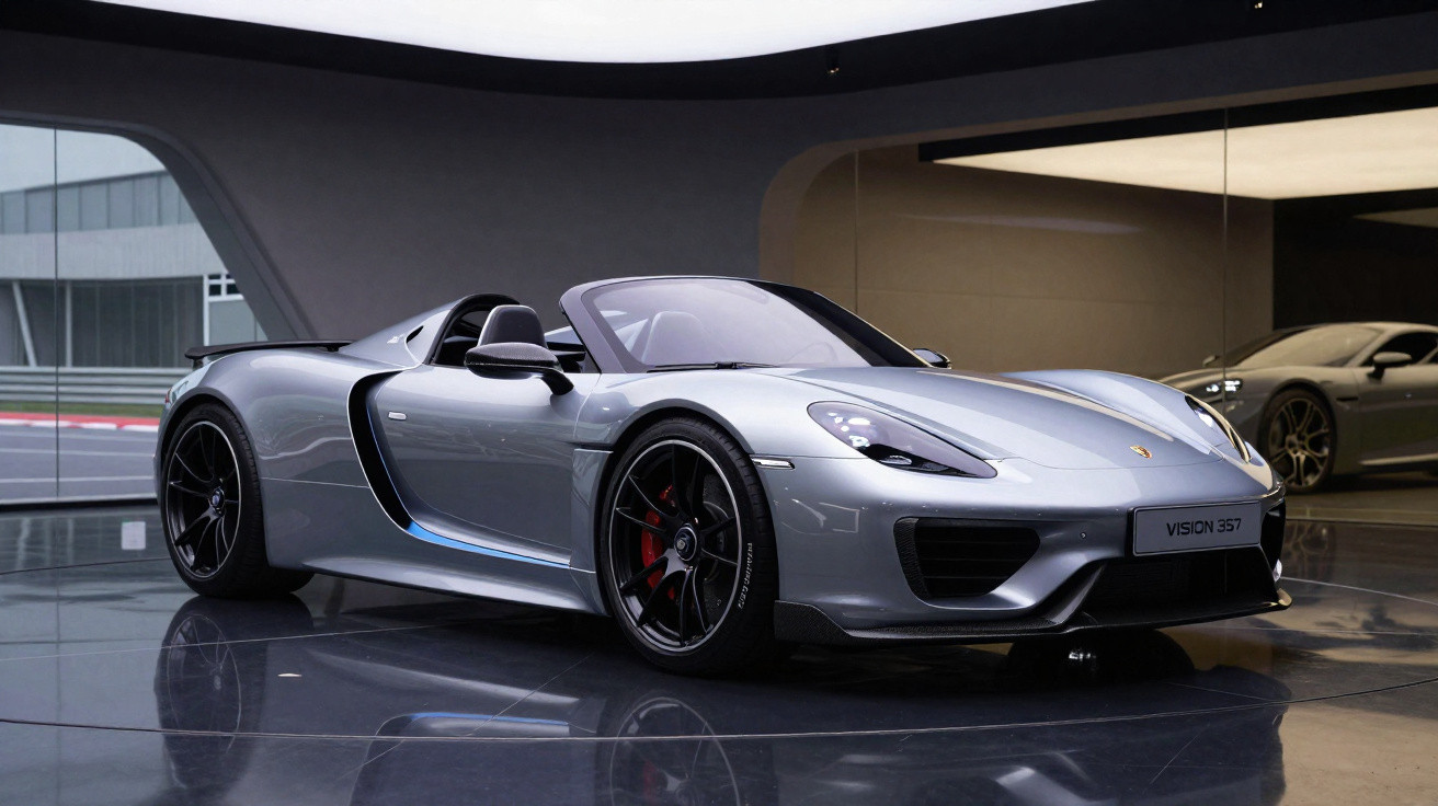 Carro desportivo descapotável prateado Porsche Vision 357 exposto em ambiente moderno e refletor no chão.