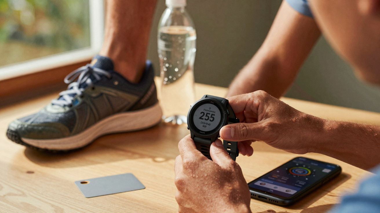 Pessoa a verificar um relógio desportivo num ambiente interior, com tênis, garrafa de água e smartphone à frente.