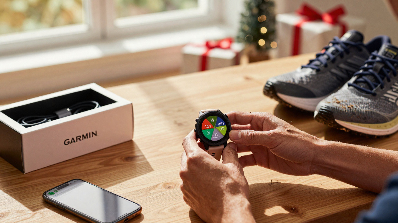 Pessoa a segurar relógio inteligente Garmin com aplicação aberta, telemóvel e ténis de corrida numa mesa de madeira.