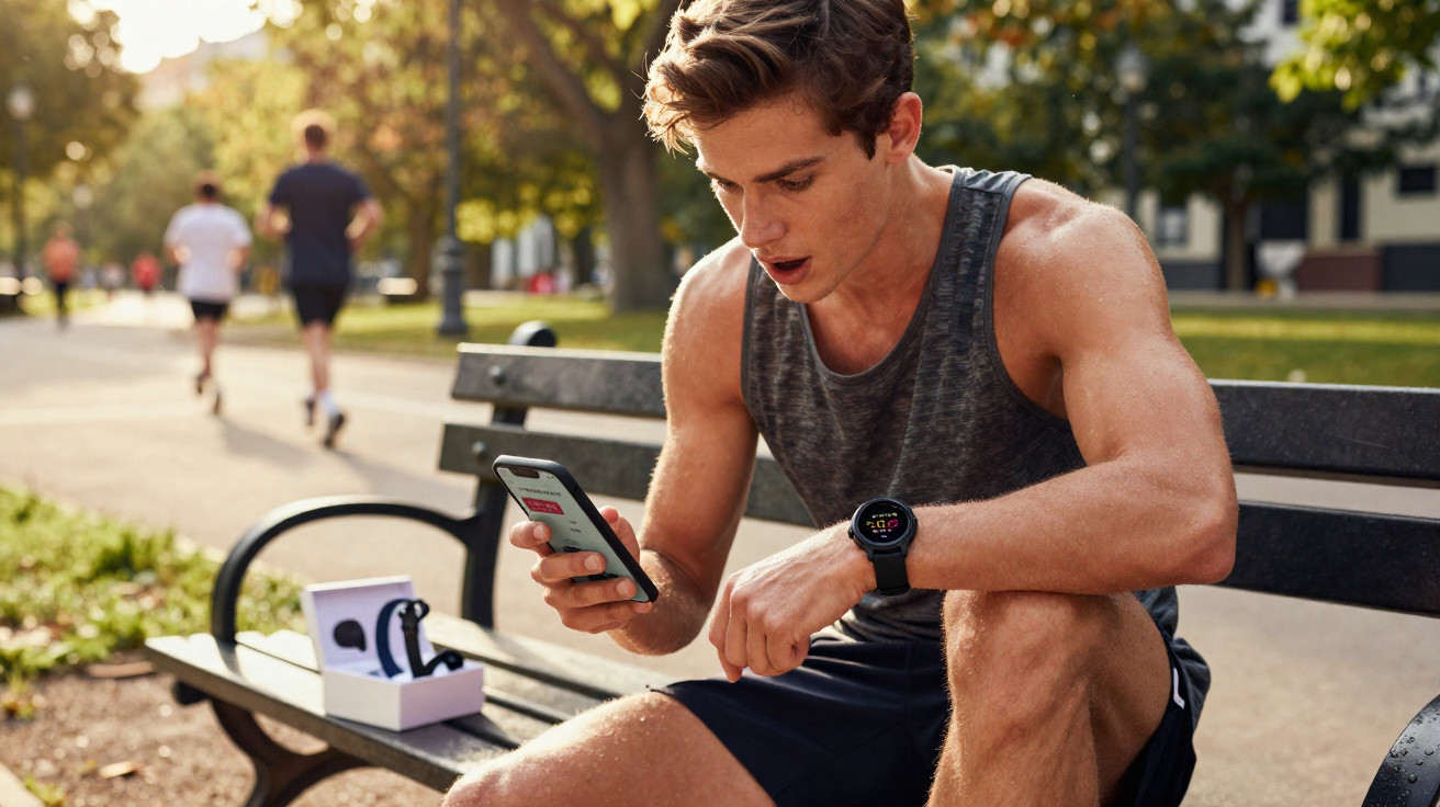 Homem sentado num banco de parque a olhar para o telemóvel, vestido com roupa desportiva e smartwatch no pulso.