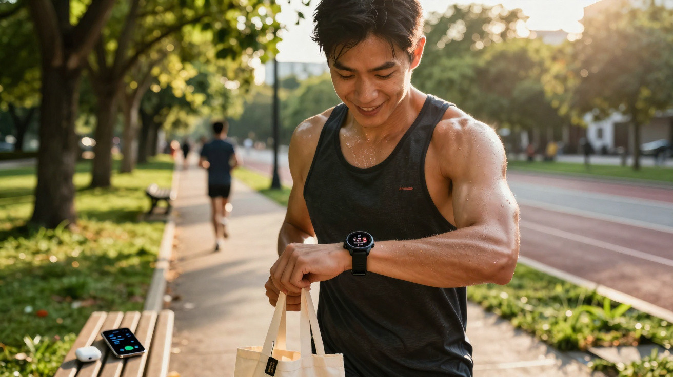Homem atlético a correr num parque olha para relógio desportivo enquanto segura saco de tecido.
