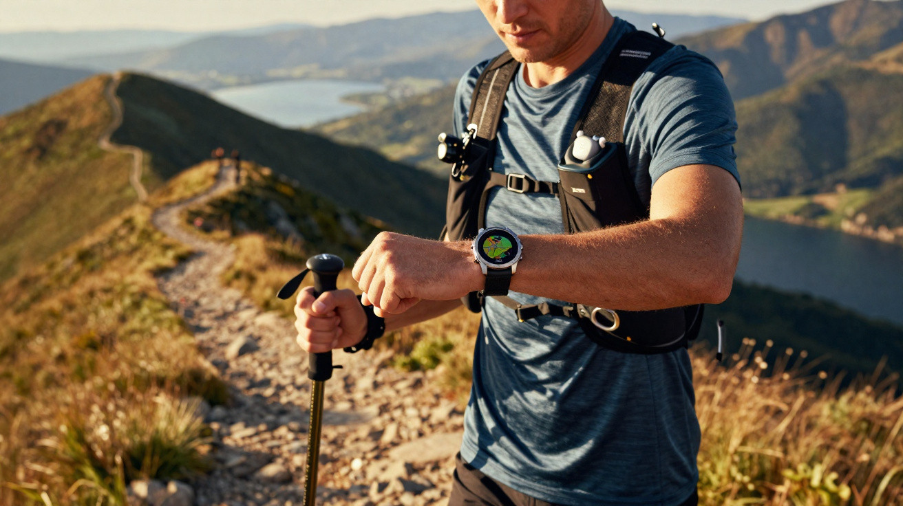 Homem a fazer trekking numa montanha, a consultar o relógio inteligente no pulso.