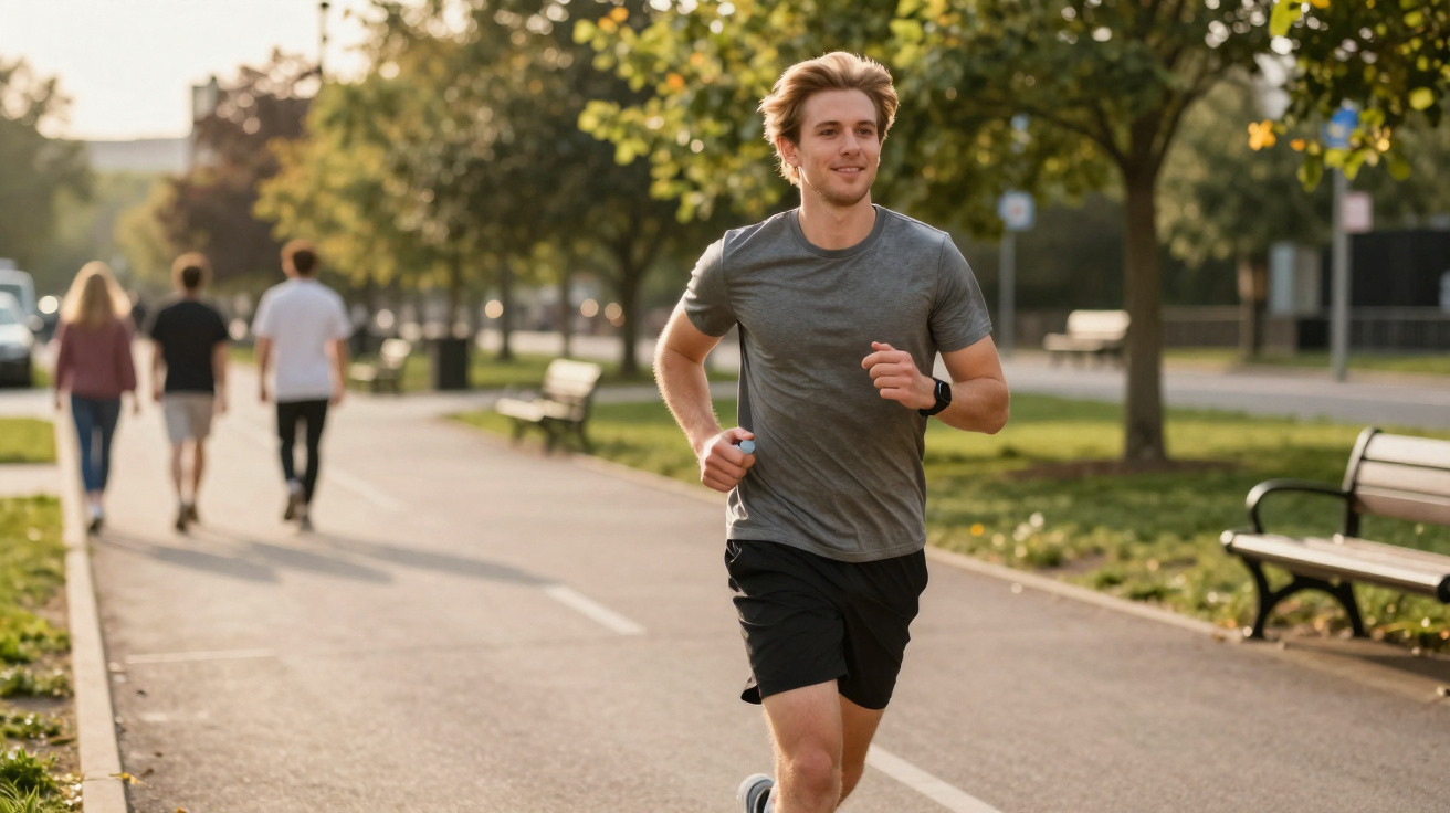 Homem a correr com roupa desportiva num parque com árvores e bancos ao entardecer.