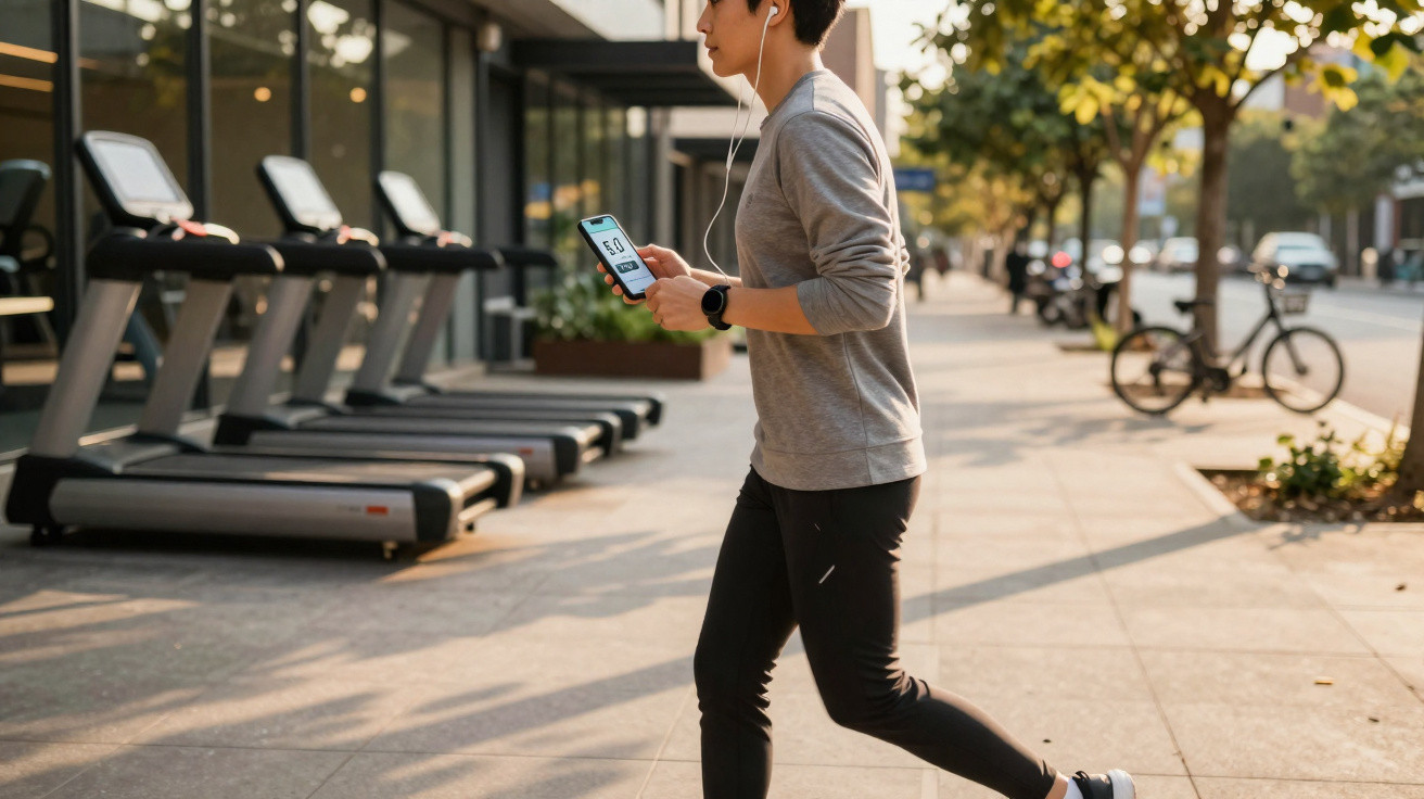 Pessoa a correr ao ar livre junto a várias passadeiras, com auriculares e a segurar um telemóvel.