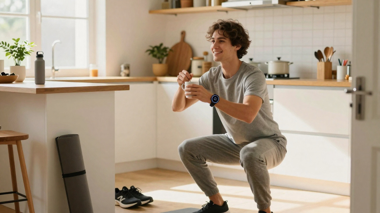 Homem a fazer agachamentos na cozinha com roupa desportiva e relógio inteligente no pulso.