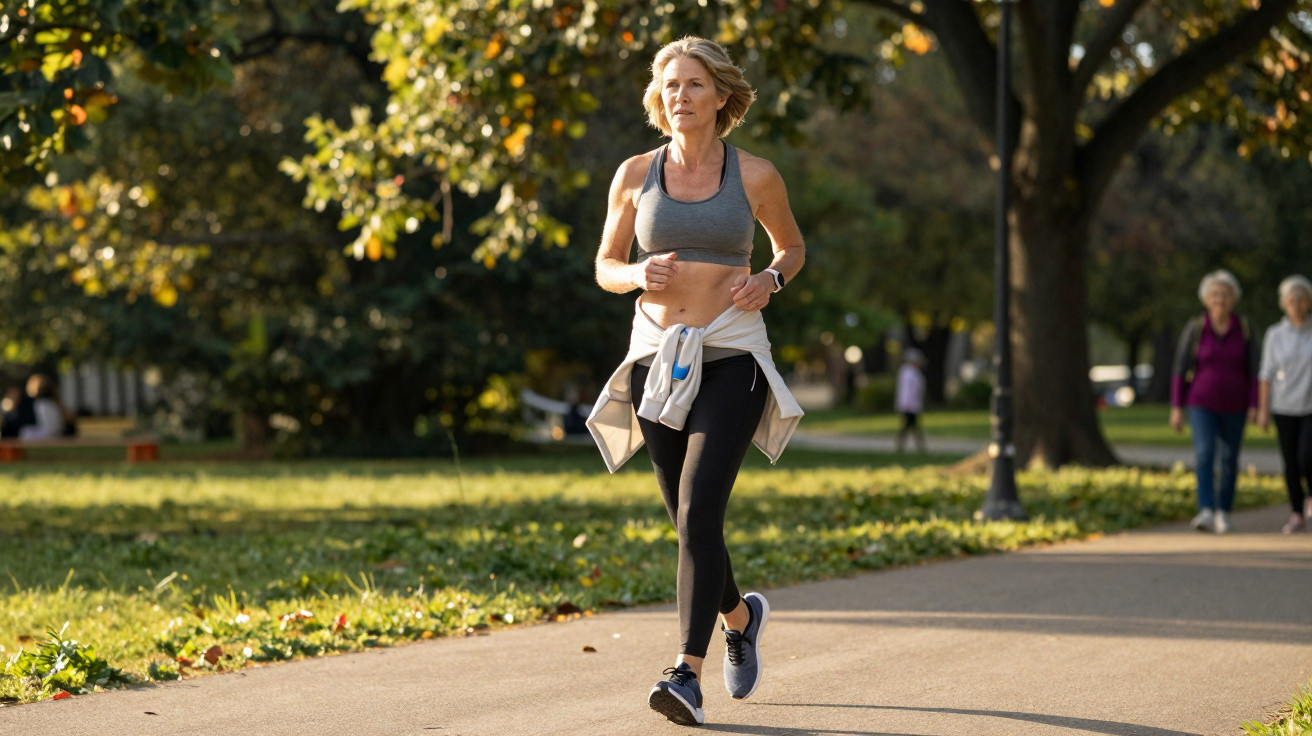Mulher a correr em parque com árvores e outras pessoas ao fundo em dia soalheiro de outono.
