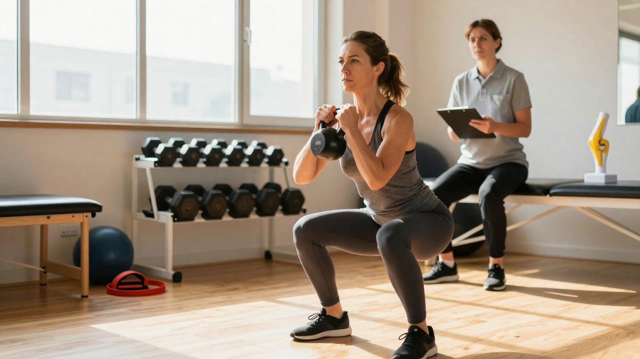 Mulher a fazer agachamento com kettlebell numa sala de ginásio, observada por treinadora com prancheta.