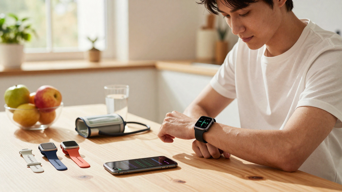 Homem a verificar dados de saúde num relógio inteligente numa mesa com pulseiras, smartphone e tensiómetro.